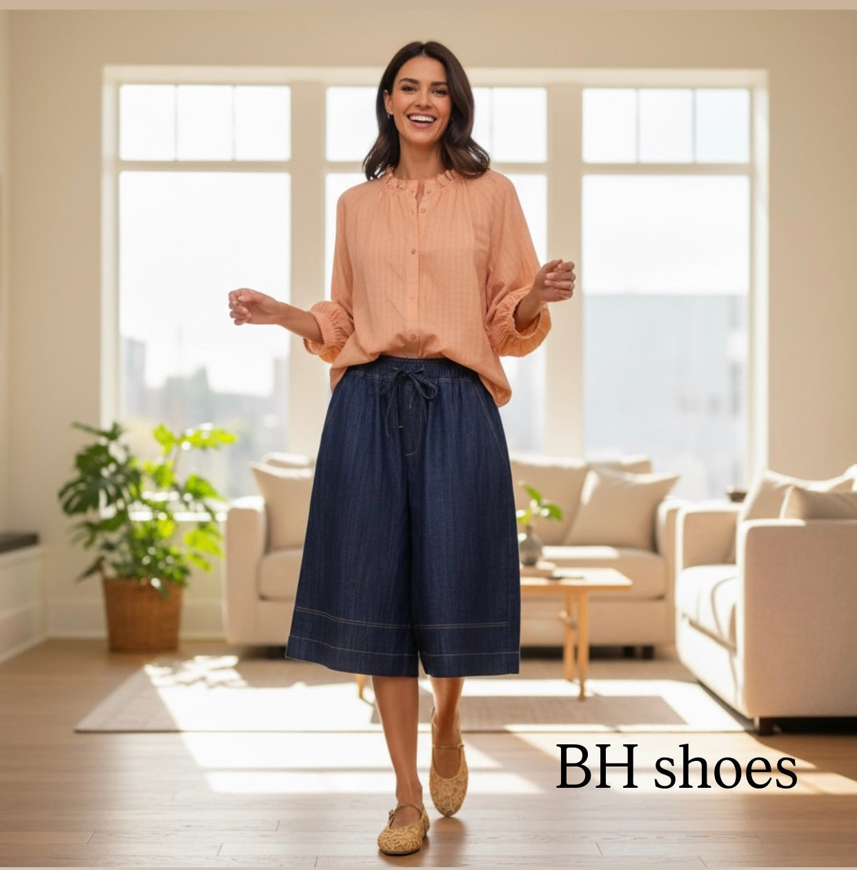 Completo Donna Blusa Pesca e Culotte Denim Vita Elasticizzata Casual Elegante