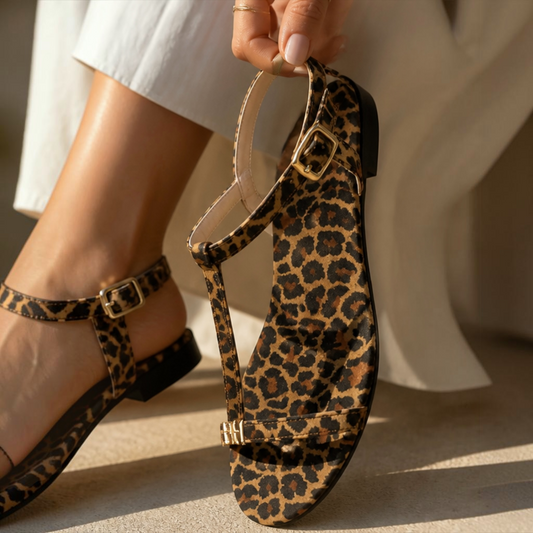 Sandalo basso t-bar da donna estivo di tessuto maculato | BH shoes design