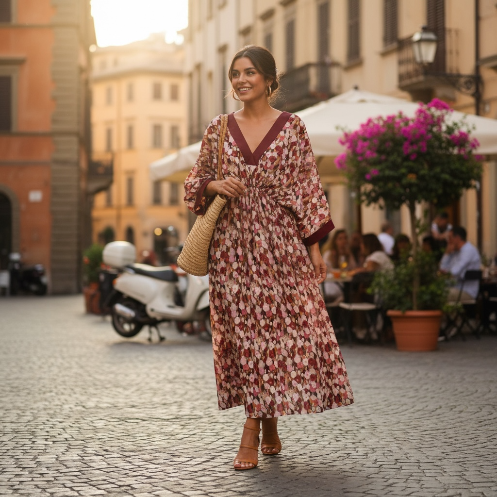 Abito midi floreale con scollo a V e maniche ampie dí Viscosa