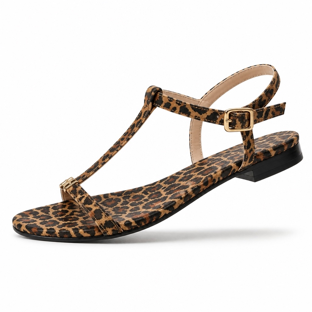 Sandalo basso t-bar da donna estivo di tessuto maculato | BH shoes design