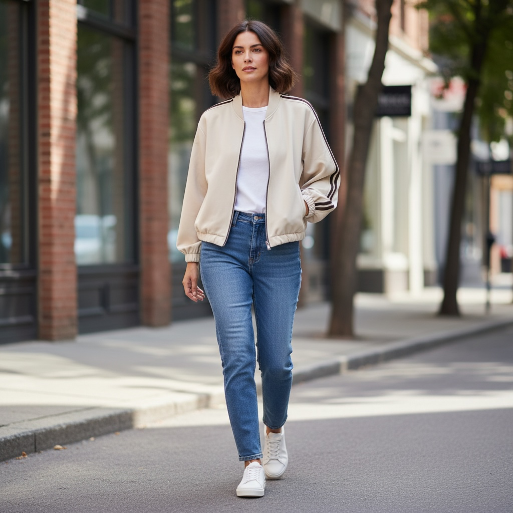 Bomber Giacca di tessuto jeans Panna,con zip davanti ,righe laterali, colore marroni