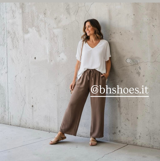 * Pantalone Fluido in Viscosa marrone tortora