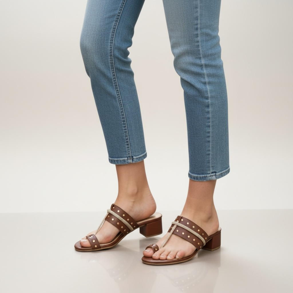 Sandalo tacco largo di Pelle BH shoes, cuoio con dettagli strass.