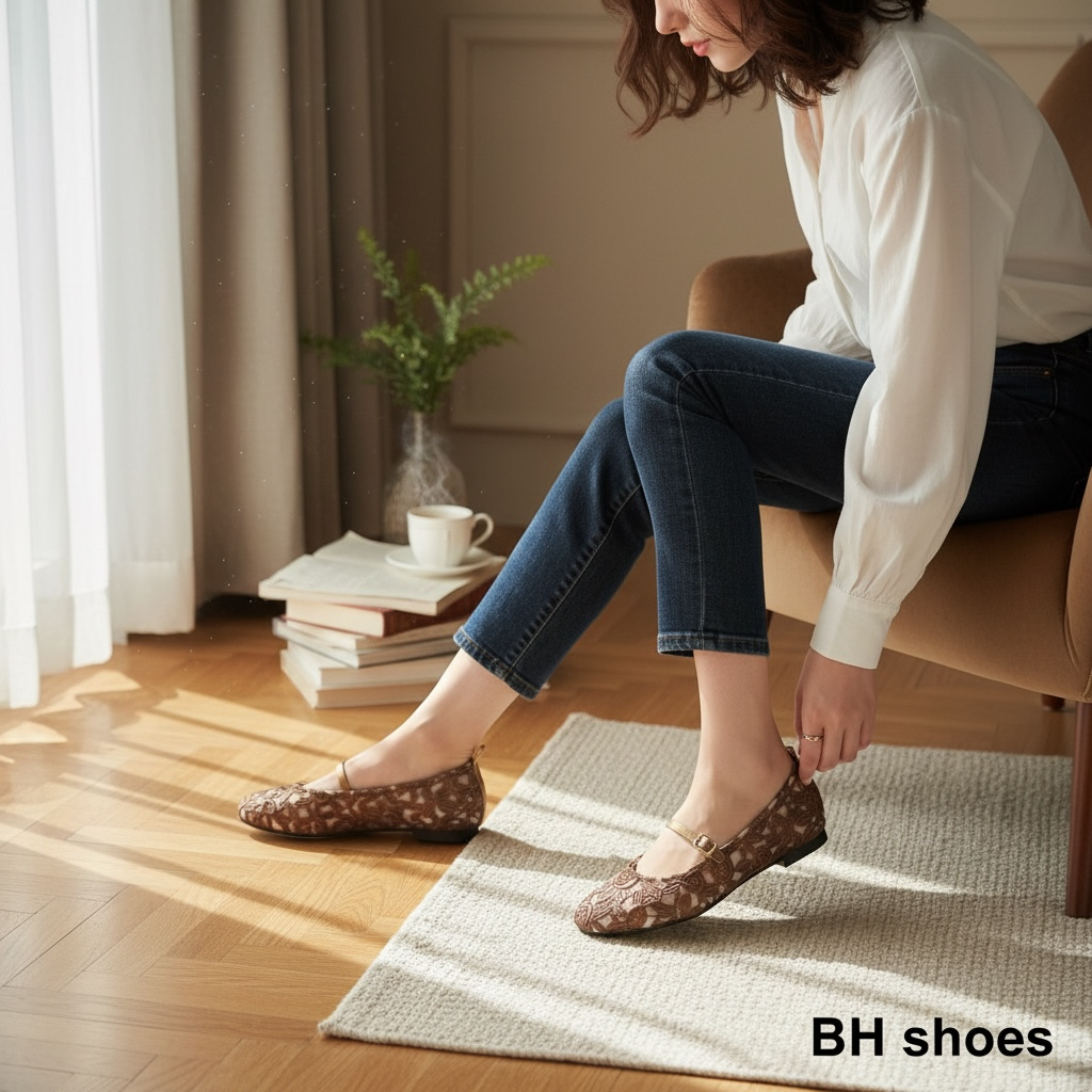 Décolleté Ballerine Mary Jane di Pizzo marrone