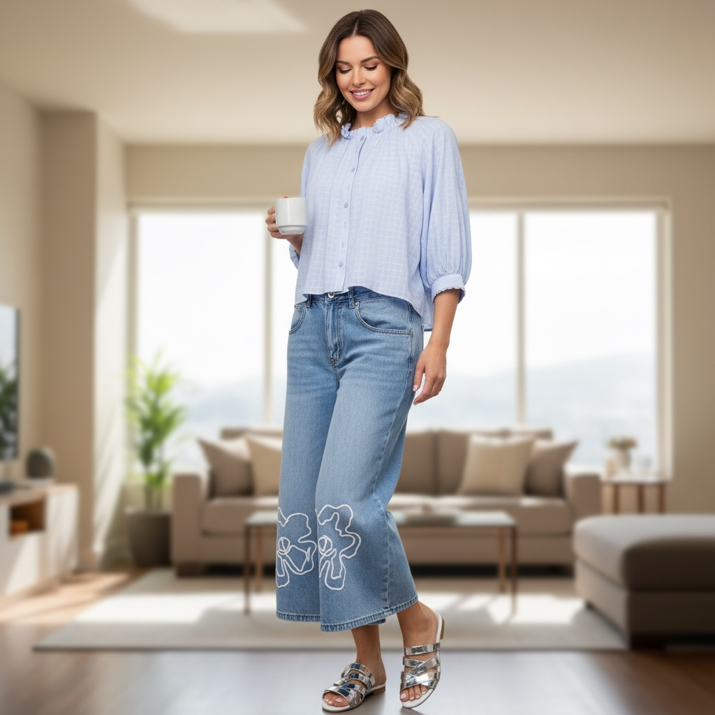 Completo jeans al ginocchio con ricamo e camicia celeste con sbuffi