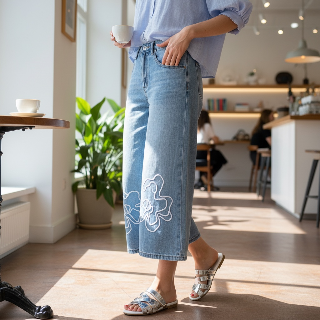 Completo jeans al ginocchio con ricamo e camicia celeste con sbuffi