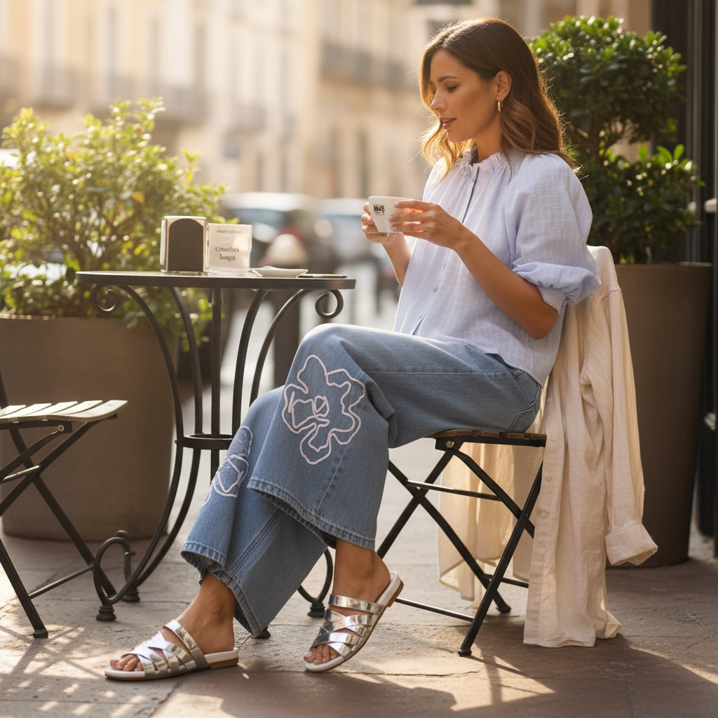 Completo jeans al ginocchio con ricamo e camicia celeste con sbuffi