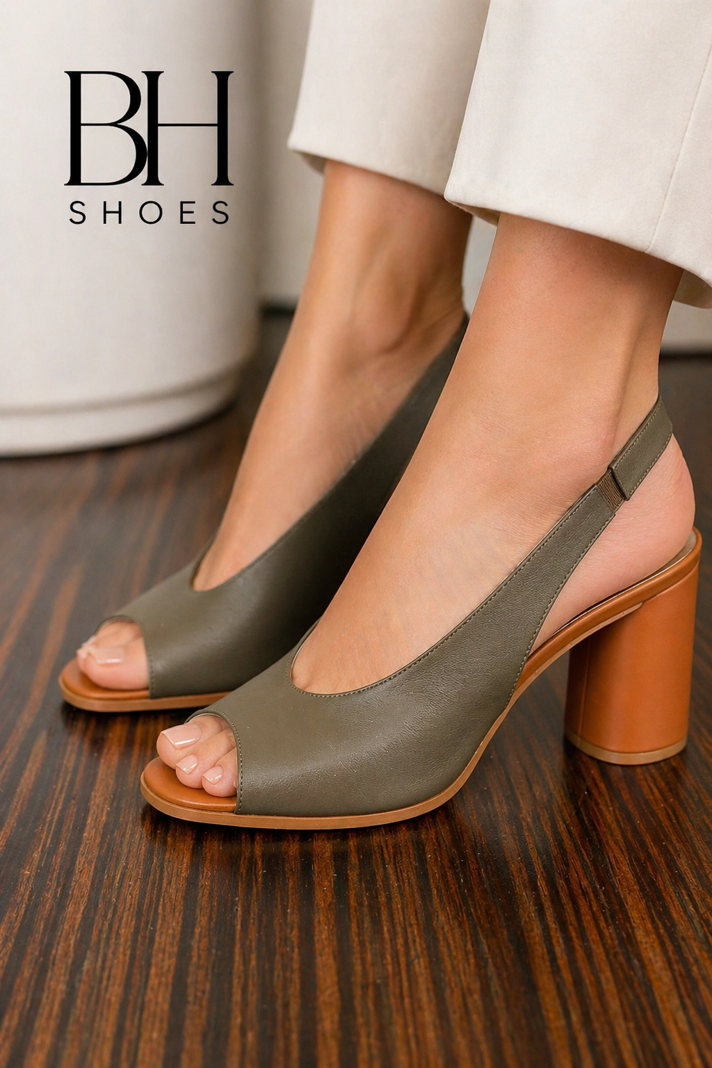 Sandalo Slingback in Pelle Tacco Blocco – Verde Oliva bhshoes