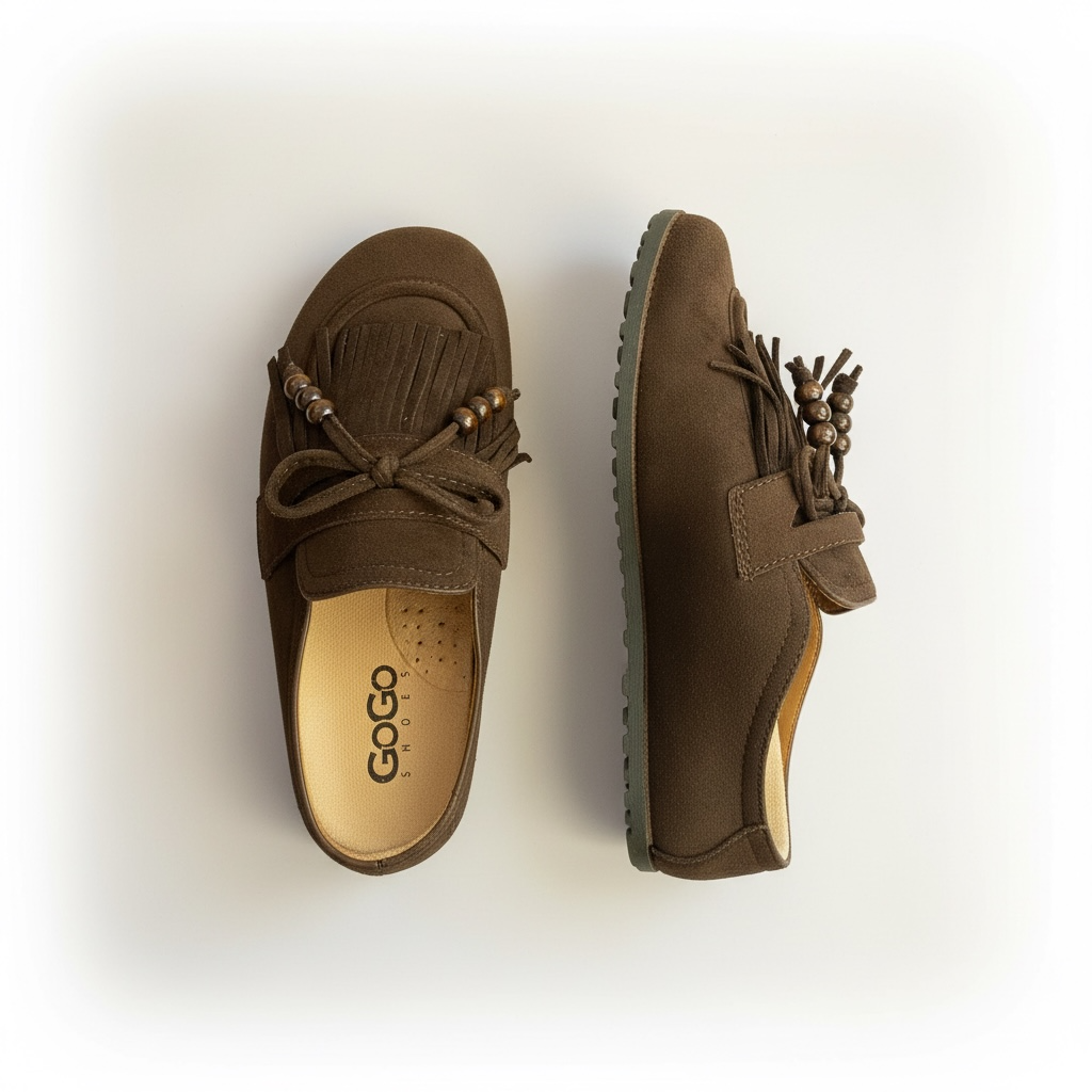 Mocassino Mule Slip-On Donna Effetto Camoscio Marrone con Frangia e Nappine