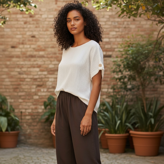 Maglia bianca a maniche corte con texture morbida e dettaglio bottoni oro - estivo casual elegante