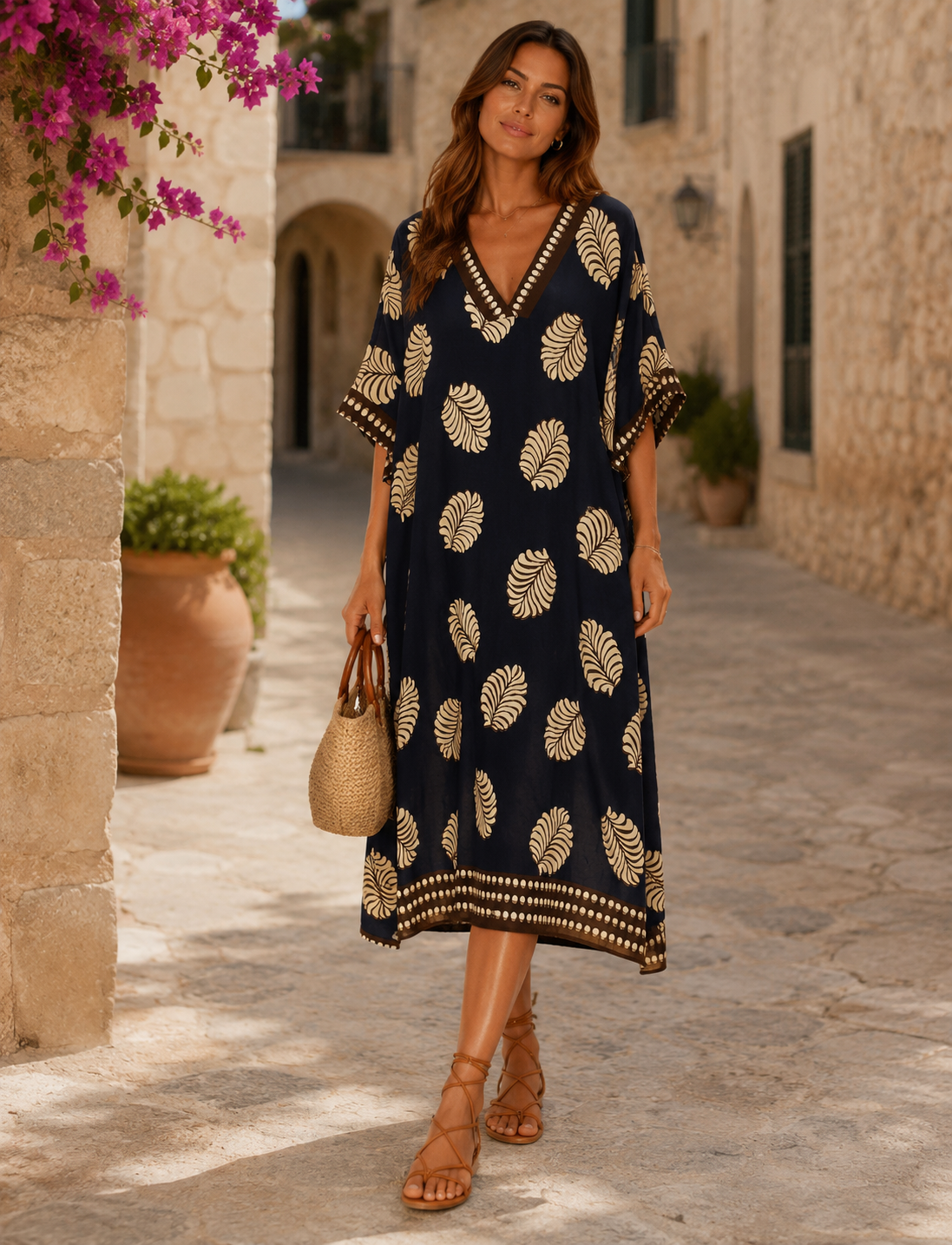 Q-Caftan lungo in stile bohémien con vestibilità ampia e rilassata, lunghezza abito midi che arriva sotto il ginocchio. La silhouette è fluida e confortevole con maniche kimono