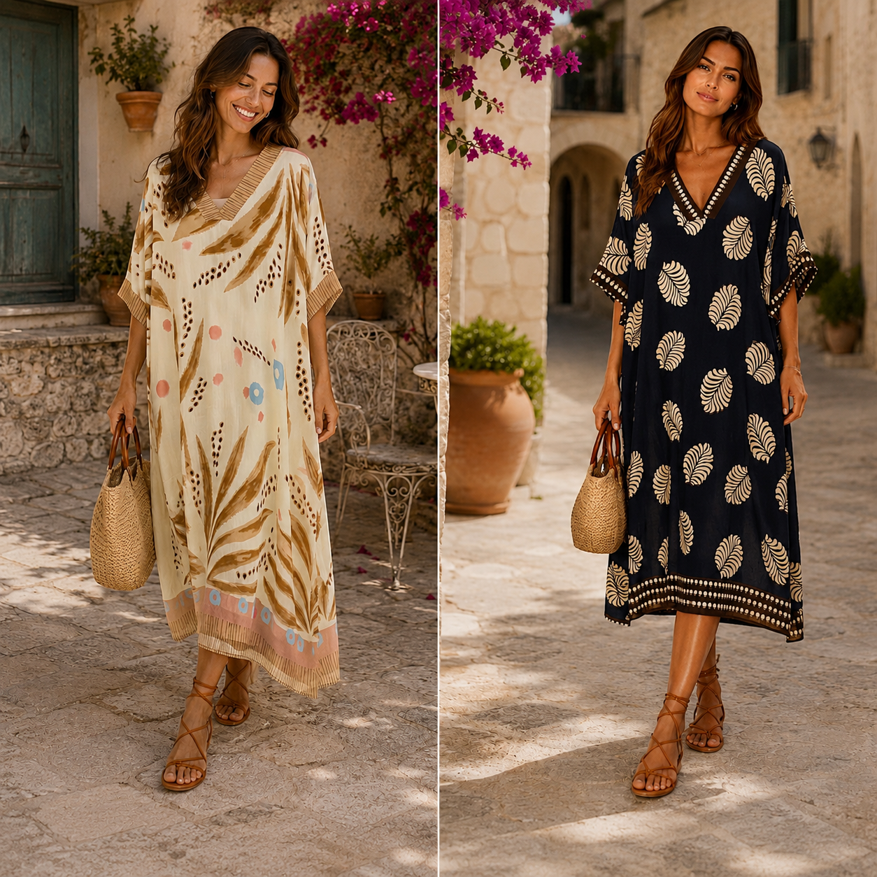 Q-Caftan lungo in stile bohémien con vestibilità ampia e rilassata, lunghezza abito midi che arriva sotto il ginocchio. La silhouette è fluida e confortevole con maniche kimono