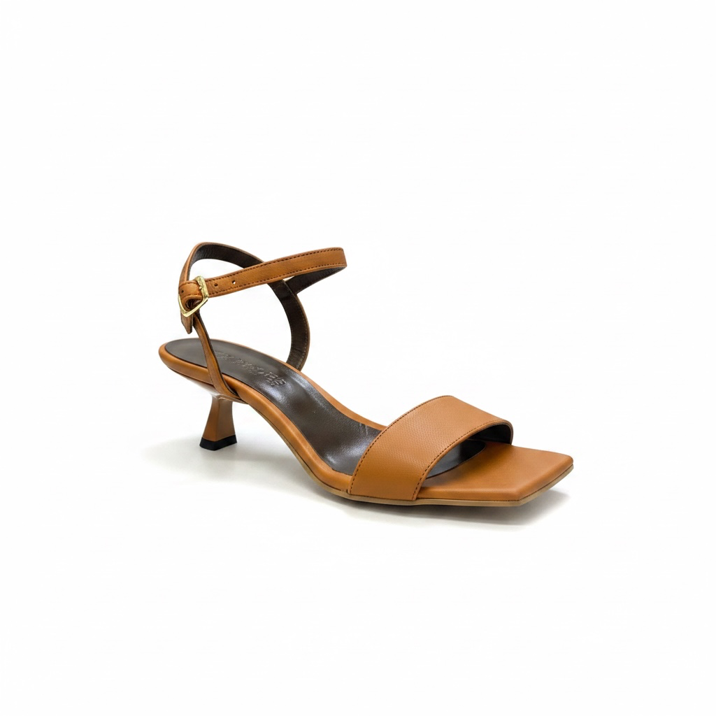 Sandalo Donna in Pelle colore cuoio– Tacco 5 cm rocchetto laccato vernice