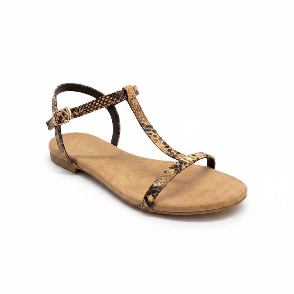 Sandalo  basso da donna estivo con suola in suede imbottita color sabbia e tomaia di pelle pitone