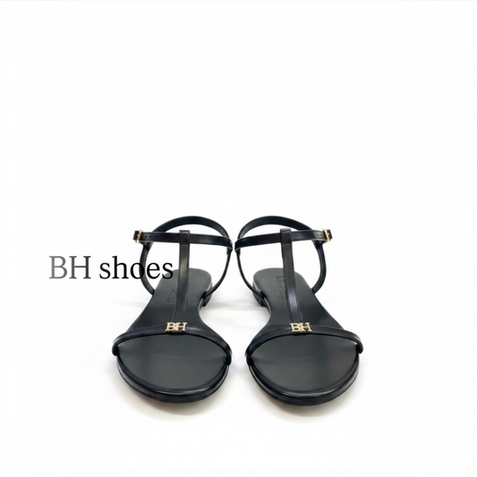 Sandalo donna estivo t-bar di pelle nero lucido abrasivato| BH shoes design