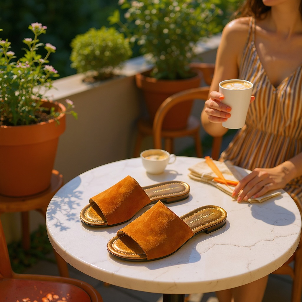 Ciabatte di pelle suede con suola, sandalo colore Ginger